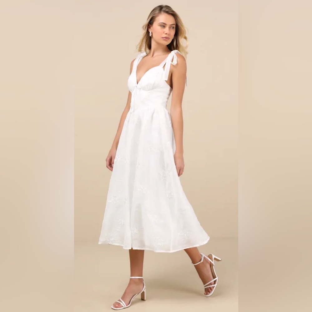 Aero White Embroidered Tie-Strap A-Line Midi Dress (From Lulus)